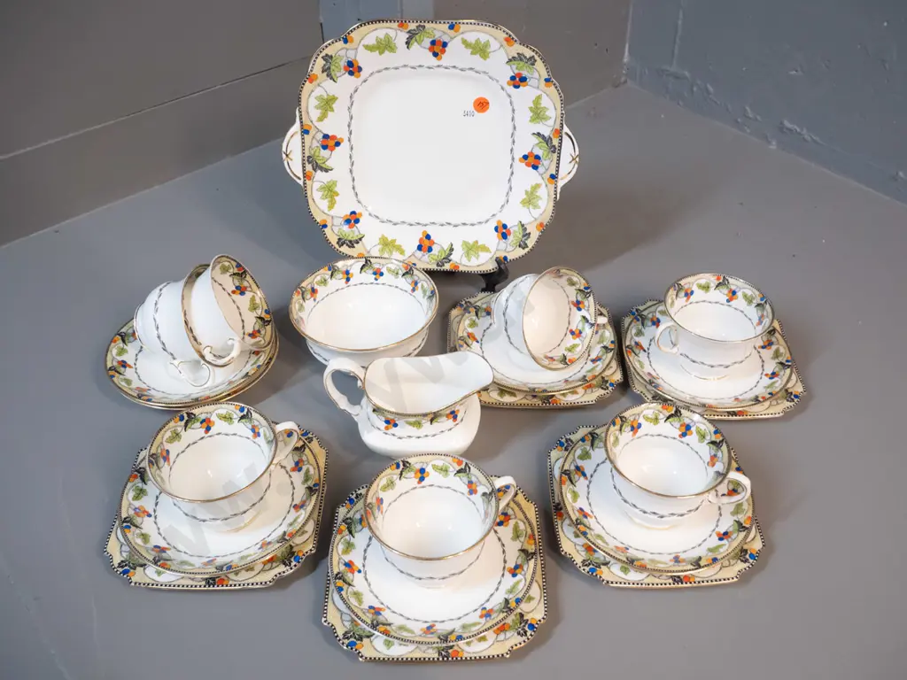 Aynsley hand painted fruit pattern tea set - 5 trios, 2 cups & saucers, cake plate, cream & sugar Image 1++