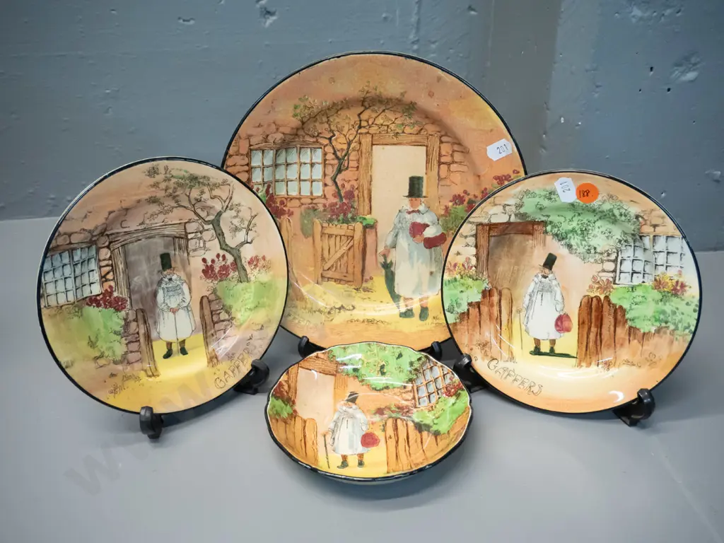 4 Royal Doulton Gaffers pattern items - cabinet plate D-215, dish and 2 side plates Image 1++