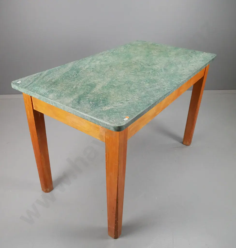 retro rimu kitchen table with linoleum top - made by Otago hospital staff as 1953 wedding present - some cut marks & Image 1++