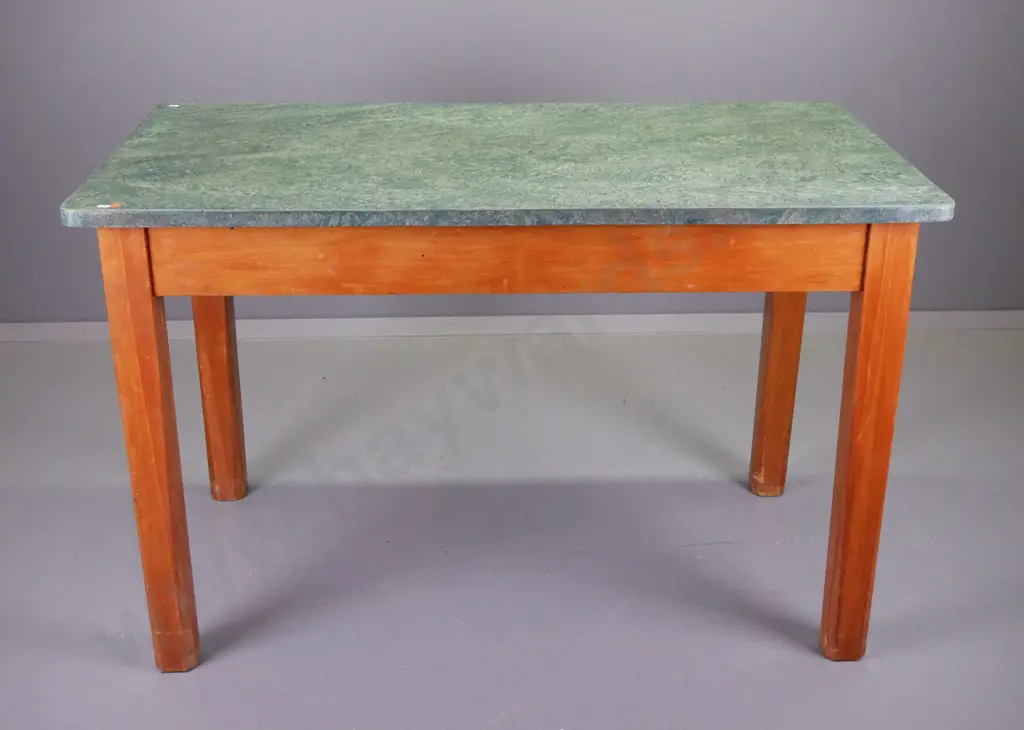 retro rimu kitchen table with linoleum top - made by Otago hospital staff as 1953 wedding present - some cut marks & Image 1++