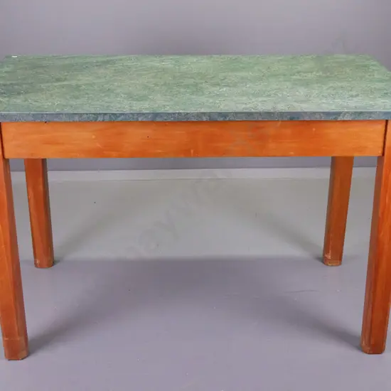 retro rimu kitchen table with linoleum top - made by Otago hospital staff as 1953 wedding present - some cut marks &
