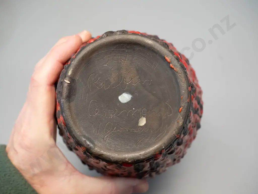 German pottery vase - red and brown relief drip pattern - unknown maker's marks on base - see photo H320 Image 1++