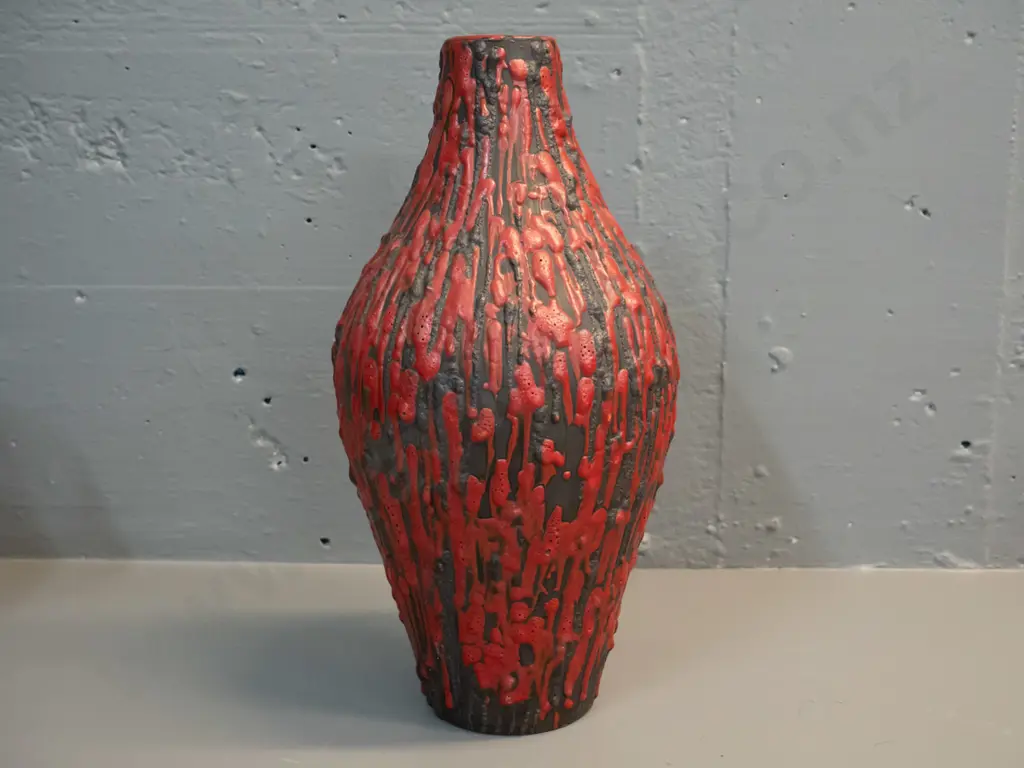 German pottery vase - red and brown relief drip pattern - unknown maker's marks on base - see photo H320 Image 1++