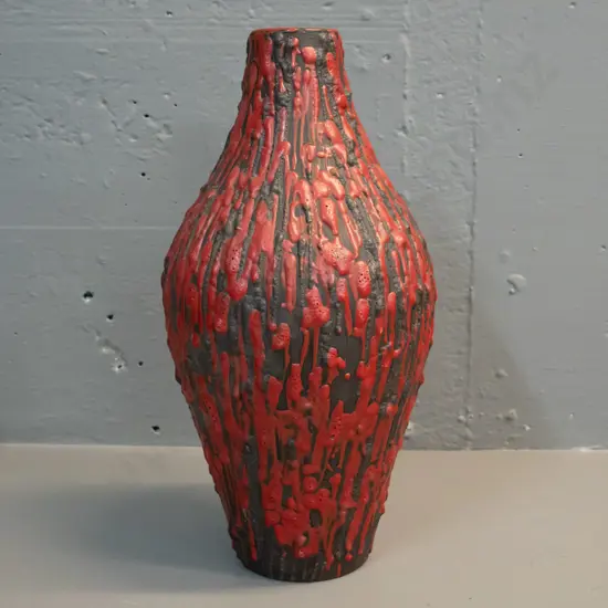 German pottery vase - red and brown relief drip pattern - unknown maker's marks on base - see photo H320