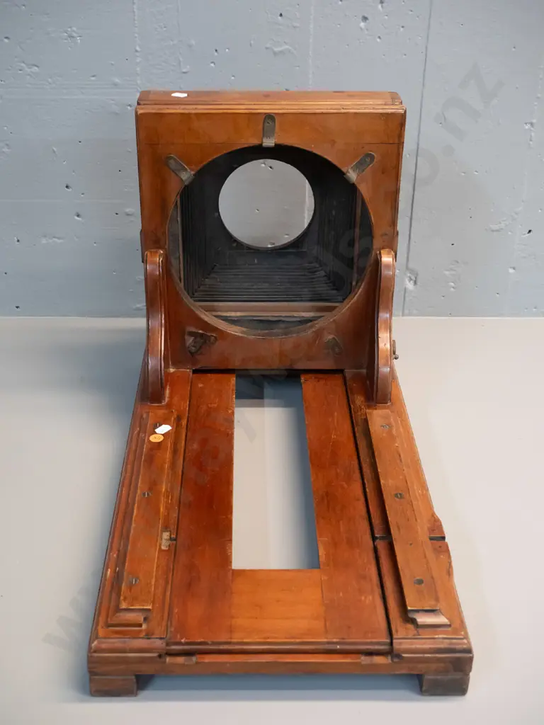 large antique timber camera body with sliding bellows section, no lens board or back H-370 W-310 L-560 closed Image 1++