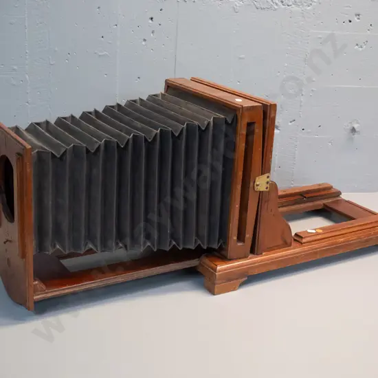large antique timber camera body with sliding bellows section, no lens board or back H-370 W-310 L-560 closed