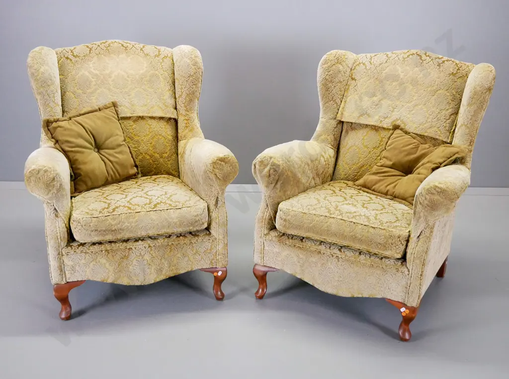 pair of chesterfield style wing chairs covered in gold embossed velvet, 2 scatter cushions. H960 W780 D750 Image 1++