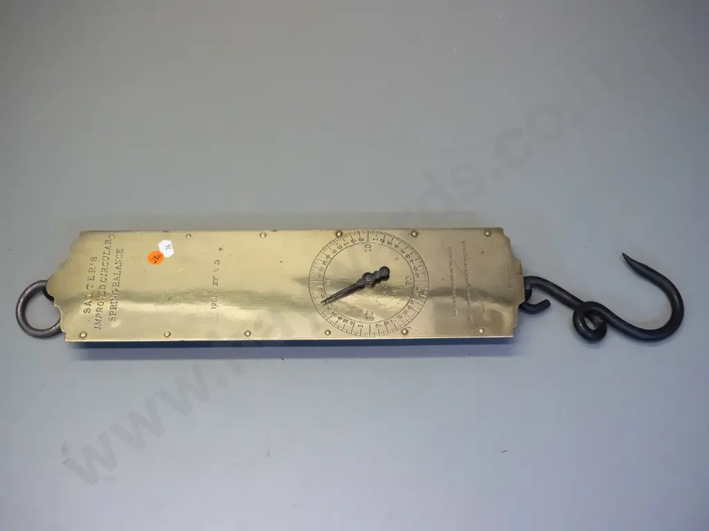 vintage Salter hanging spring scales with brass face-plate - marked 120lb. by 1/4 lb. - W-105 H-580 including hook Image 1++