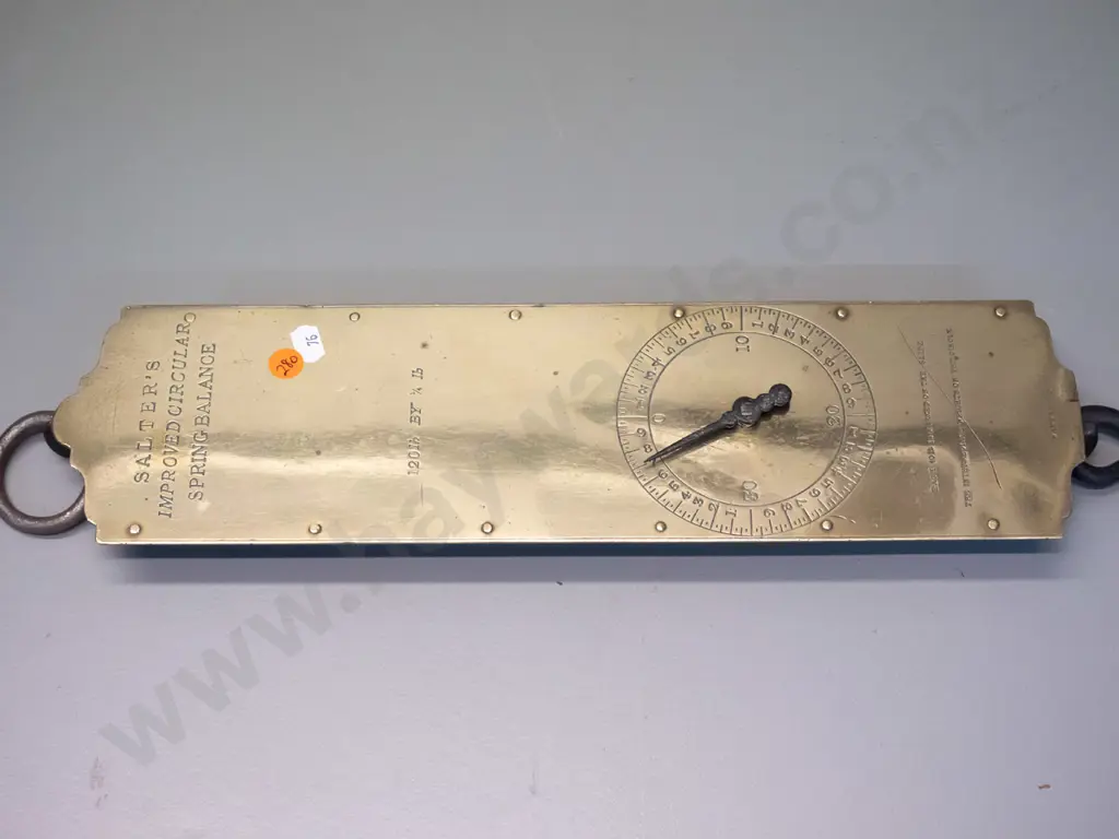 vintage Salter hanging spring scales with brass face-plate - marked 120lb. by 1/4 lb. - W-105 H-580 including hook Image 1++