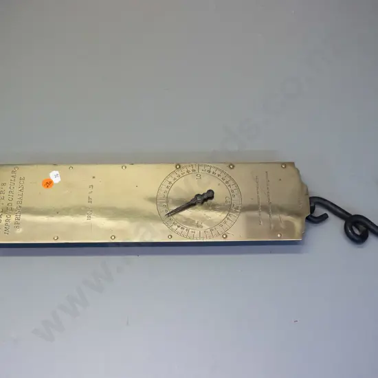 vintage Salter hanging spring scales with brass face-plate - marked 120lb. by 1/4 lb. - W-105 H-580 including hook