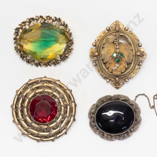 locket brooch & 3 costume brooches