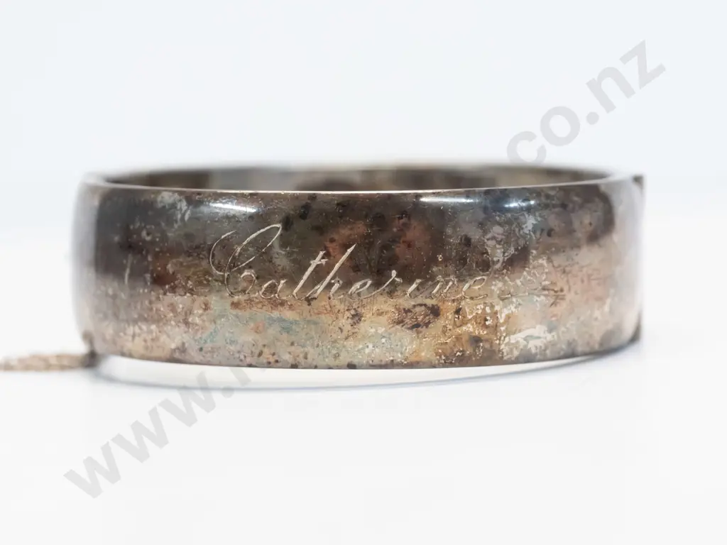 silver bangle with safety chain stamped ster sil  [needs good clean] Image 1++