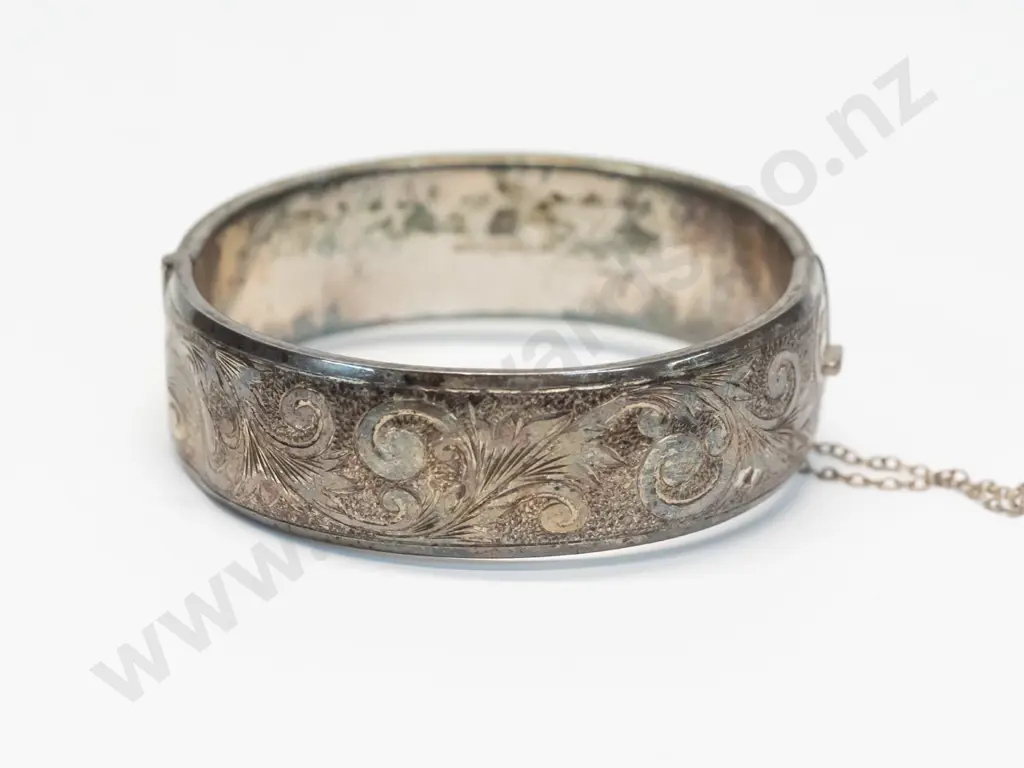 silver bangle with safety chain stamped ster sil  [needs good clean] Image 1++