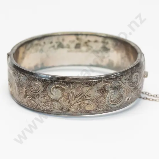 silver bangle with safety chain stamped ster sil  [needs good clean]