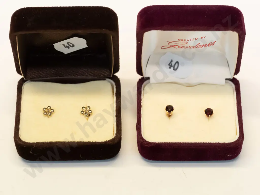 garnet stud earrings & gold stud earrings both stamped 375 Image 1++