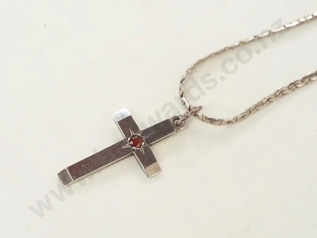 silver cross necklace with garnet  stamped stg sil Image 1++