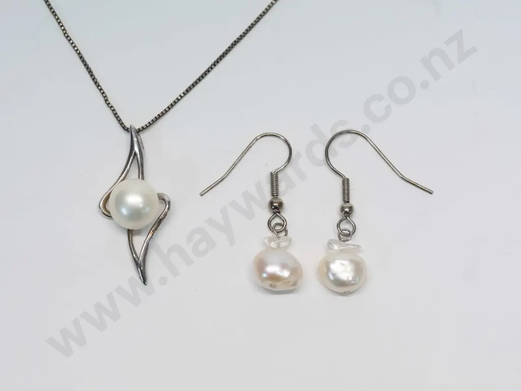 cultured pearl pendant stamped S925 on chain stamped Italy 925, and a pair of pearl and clear stone earrings Image 1++