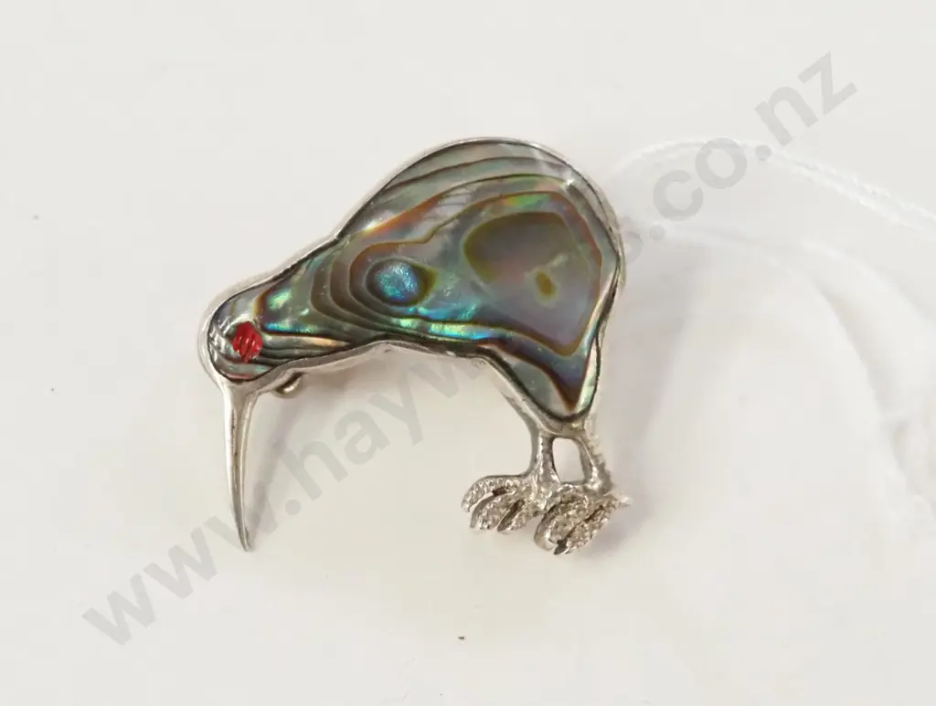 silver paua shell kiwi brooch stamped silver Image 1++