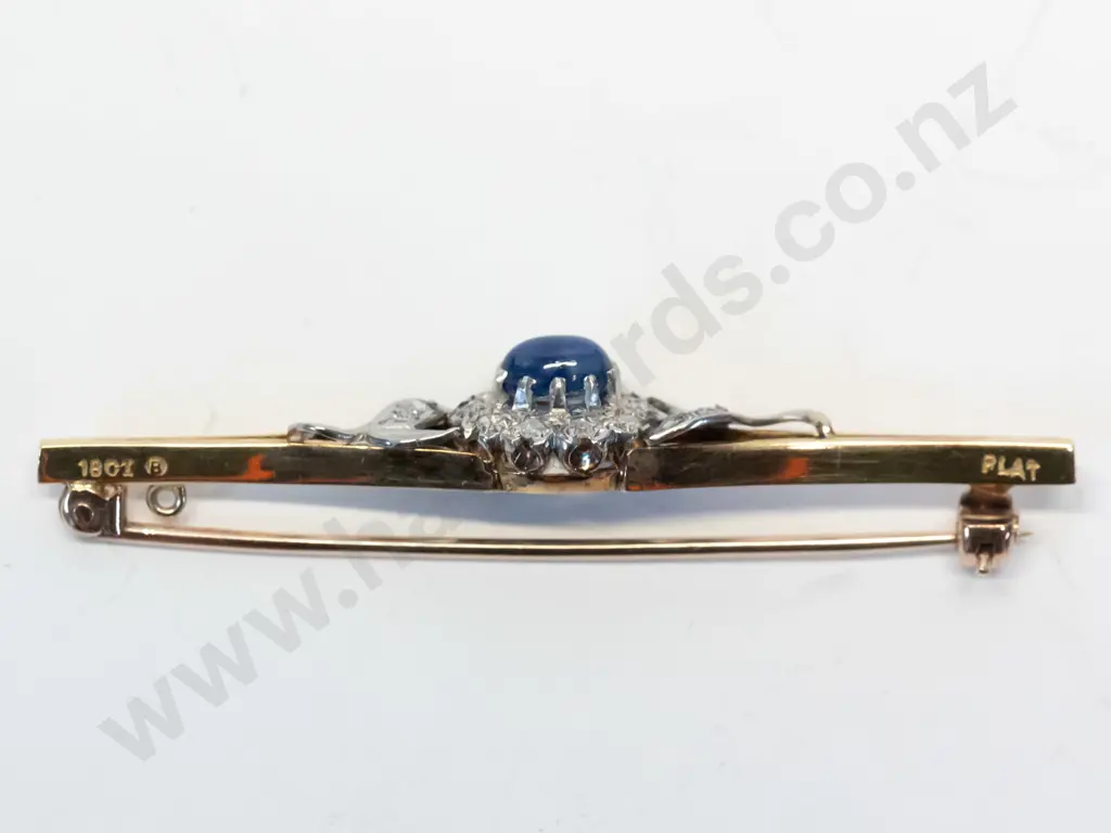 18ct sapphire & diamond bar brooch - stamped Image 1++