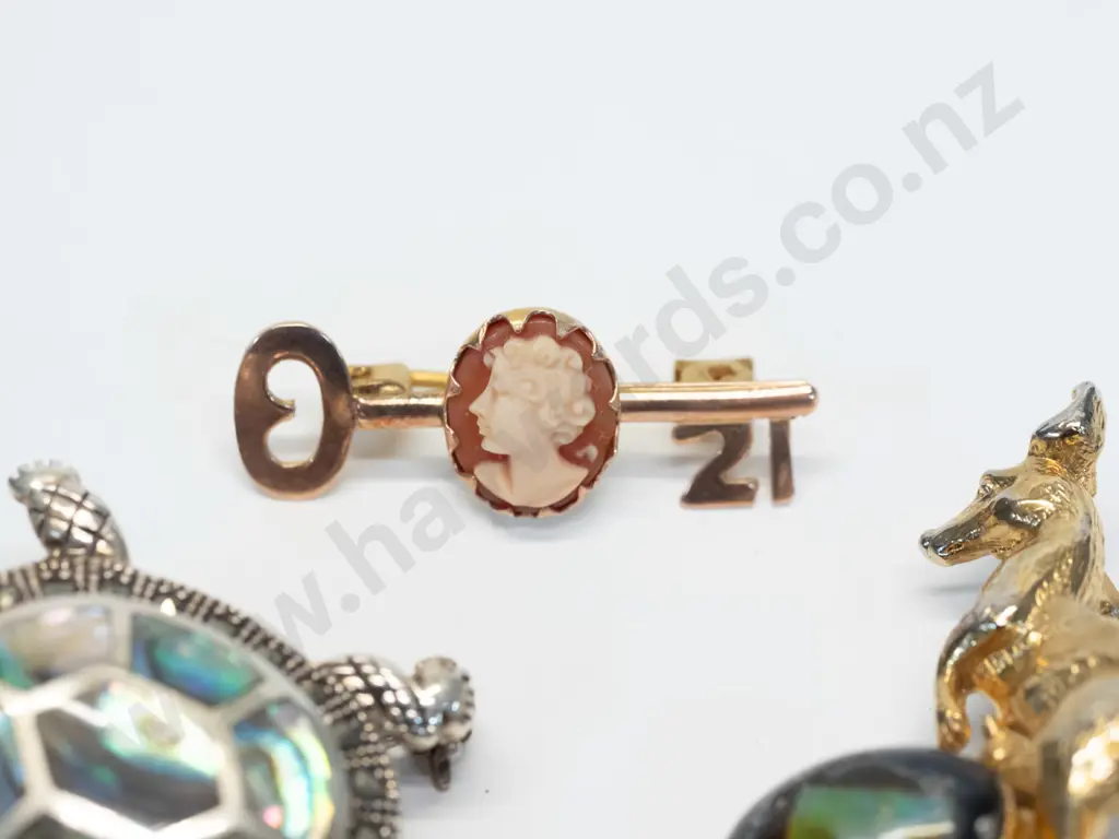 cameo 21st bar brooch [stamped 9ct, turtle brooch [no mark] & kangaroo brooch [no mark] Image 1++