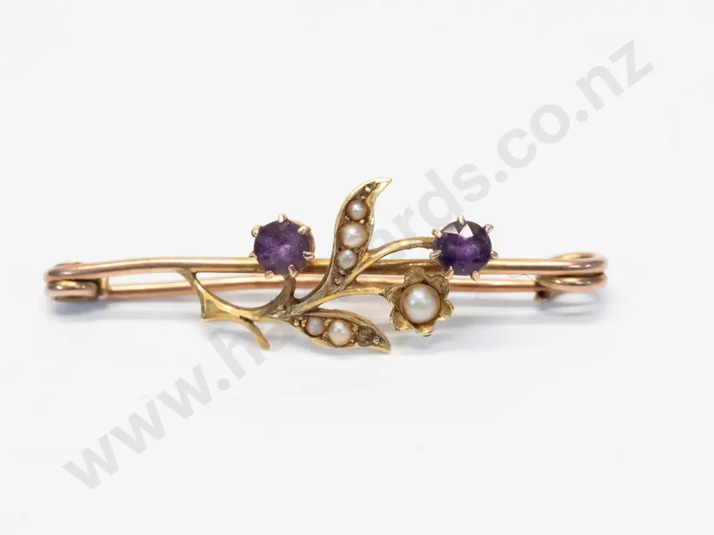 amethyst & seed pearl bar brooch Image 1++