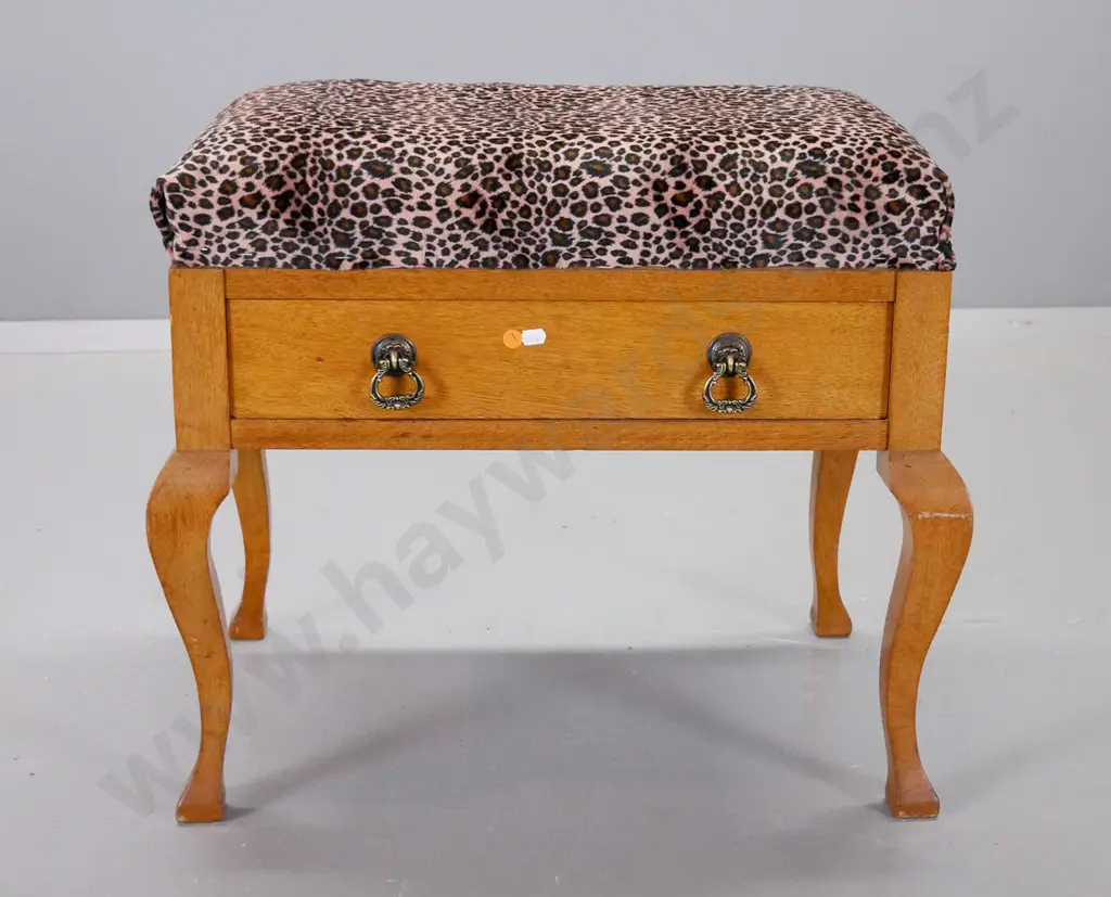 deco oak  stool with single drawer and faux leopard skin upholstered top, Nee's Dunedin label H520 W600 D390 Image 1++