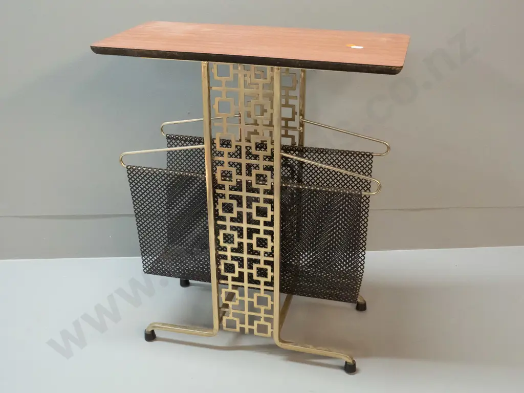 retro side table with brass finish and black mesh magazine rack base, formica top H-530 W-450 D-230 Image 1++