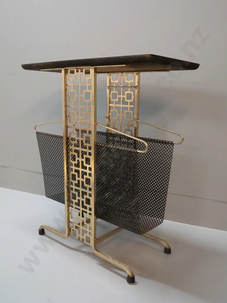retro side table with brass finish and black mesh magazine rack base, formica top H-530 W-450 D-230 Image 1++