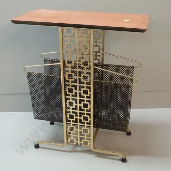 retro side table with brass finish and black mesh magazine rack base, formica top H-530 W-450 D-230