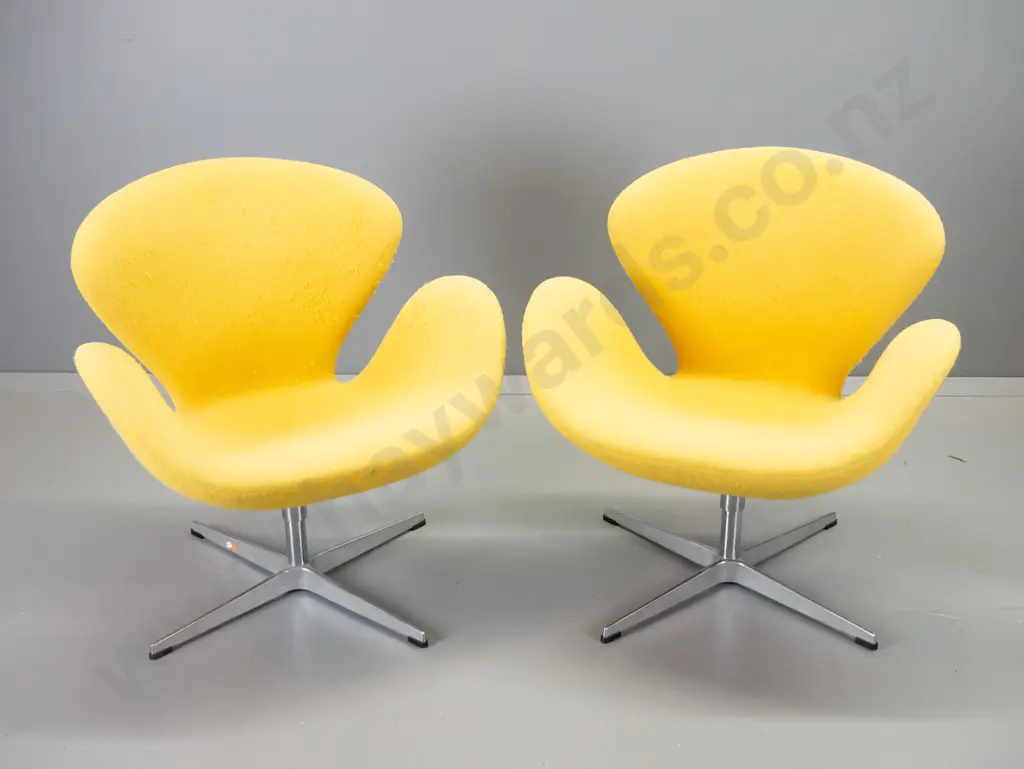 pair of mid-century yellow textured fabric covered moulded ply lounge chairs with metal bases - fabric is pilling. H-770 Image 1++