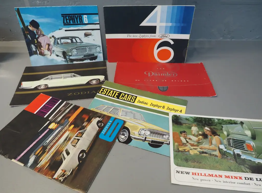 assorted vintage automotive brochures - Ford Zephyr, Daimler 2.5 V8, Hillman Minx Deluxe Image 1++