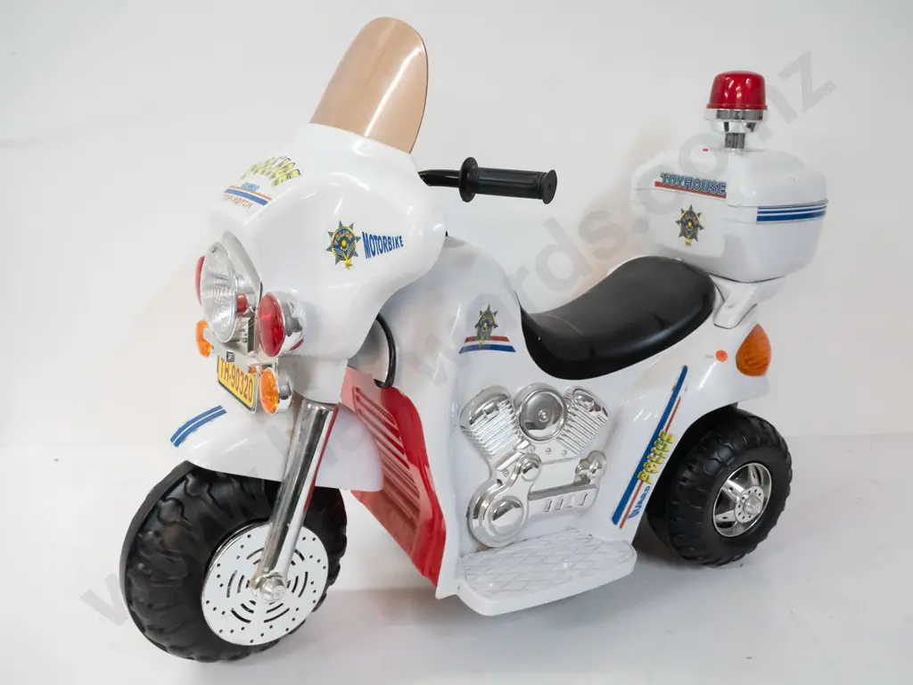 child's ride-on battery powered police motorcycle with siren, flashing light, forward and reverse gears - working, Image 1++