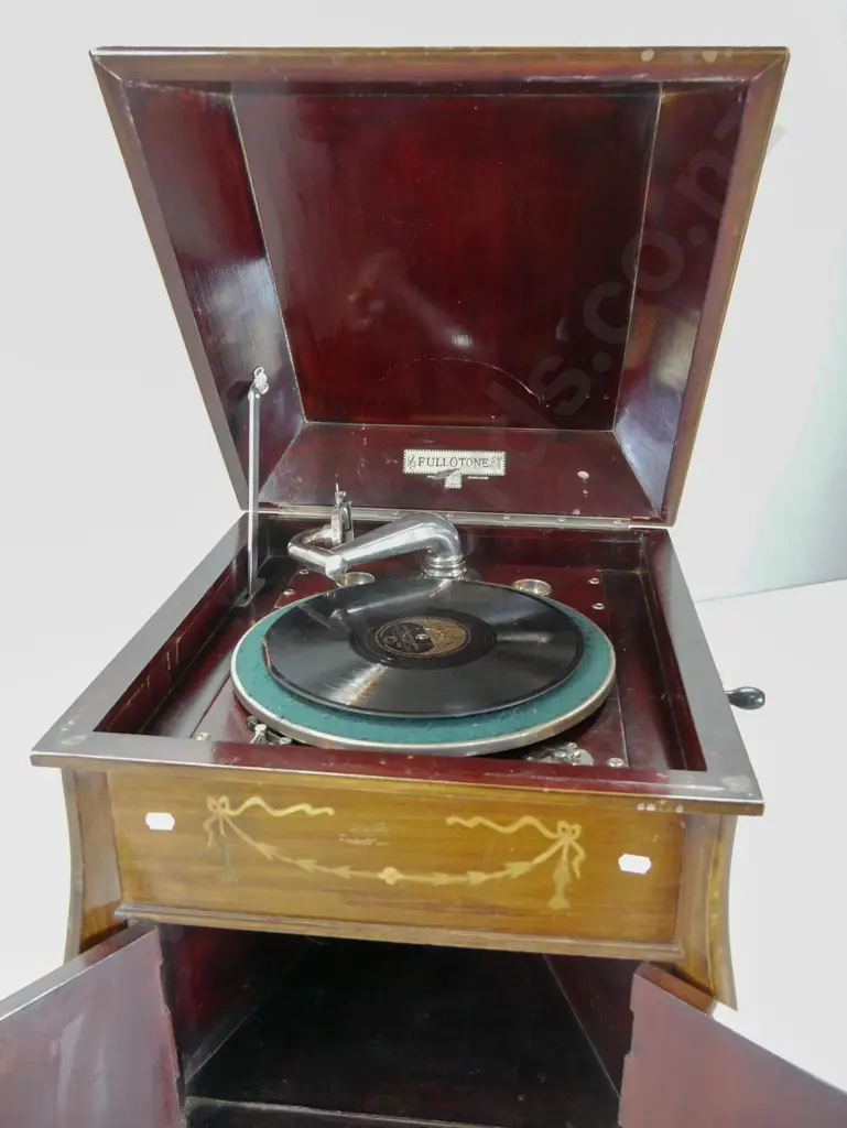 vintage Fullotone gramophone in mahogany cabinet with inlay detail on front, working condition, includes some records, Image 1++