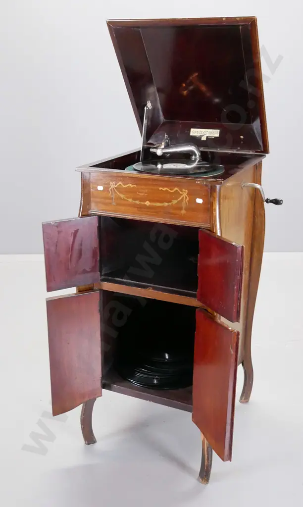 vintage Fullotone gramophone in mahogany cabinet with inlay detail on front, working condition, includes some records, Image 1++