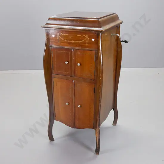 vintage Fullotone gramophone in mahogany cabinet with inlay detail on front, working condition, includes some records,