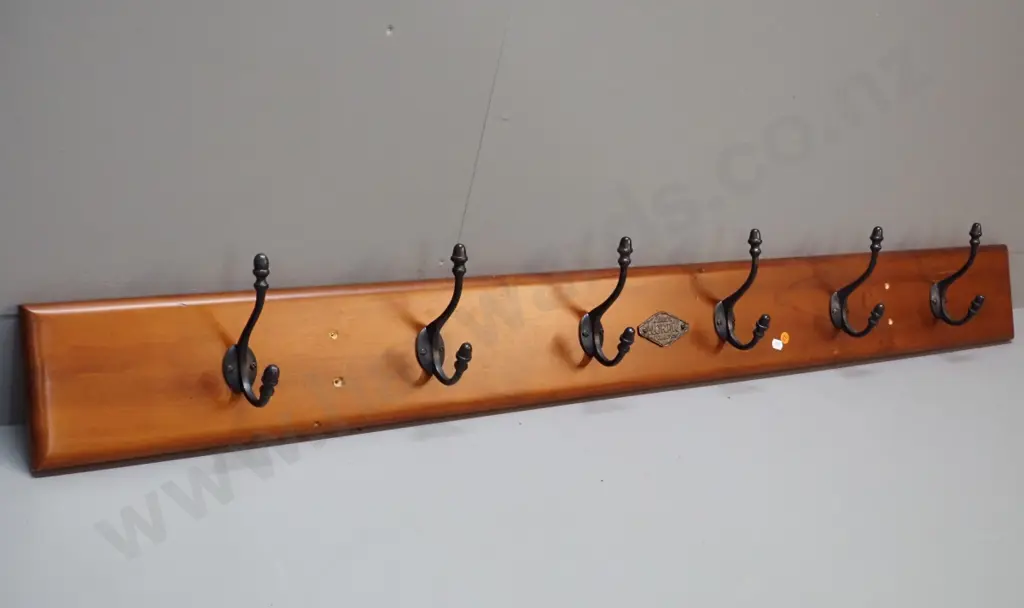 contemporary set of 6 black cast metal coat hooks on wall-mounting board - Galleon / Nordic maker's plaque H170 W1370 Image 1++