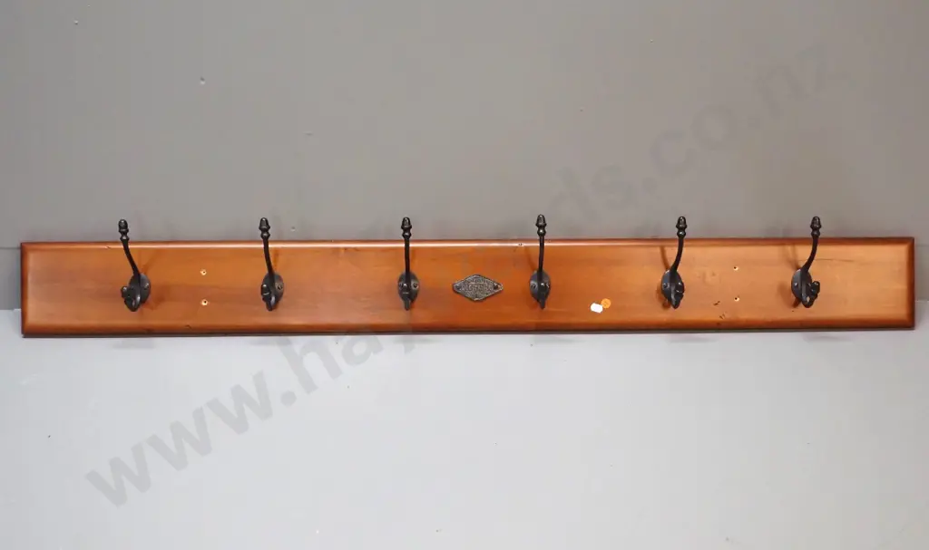contemporary set of 6 black cast metal coat hooks on wall-mounting board - Galleon / Nordic maker's plaque H170 W1370 Image 1++
