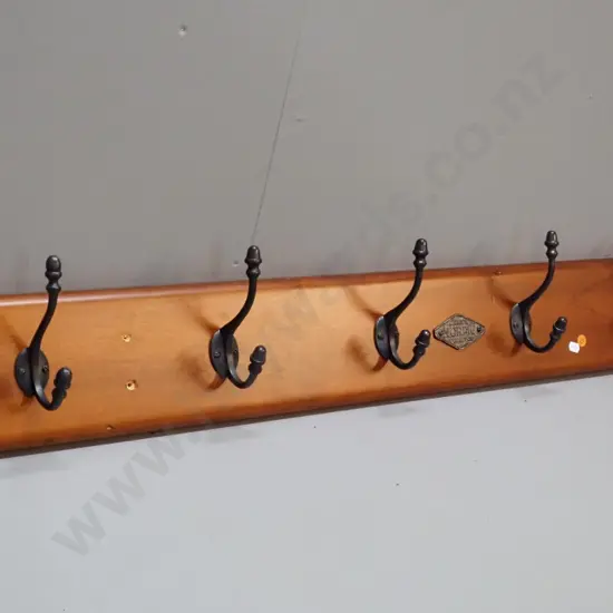 contemporary set of 6 black cast metal coat hooks on wall-mounting board - Galleon / Nordic maker's plaque H170 W1370
