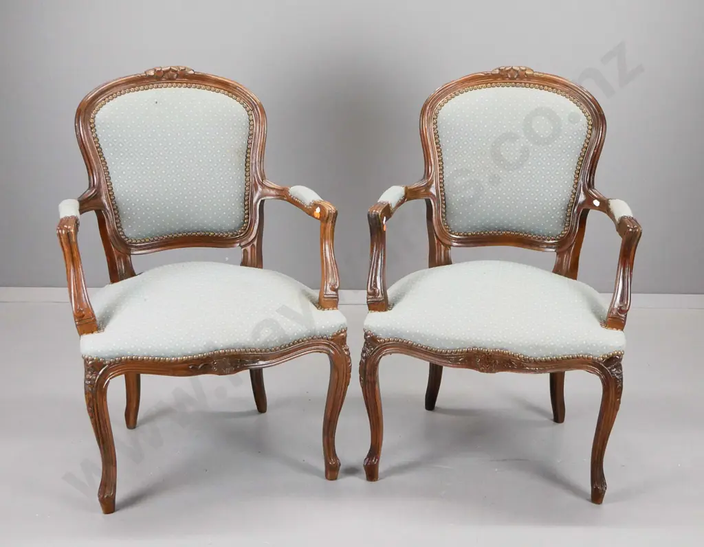 pair of vintage carved oak Louis style occasional chairs covered in diamond pattern damask H870 W580 D510 Image 1++