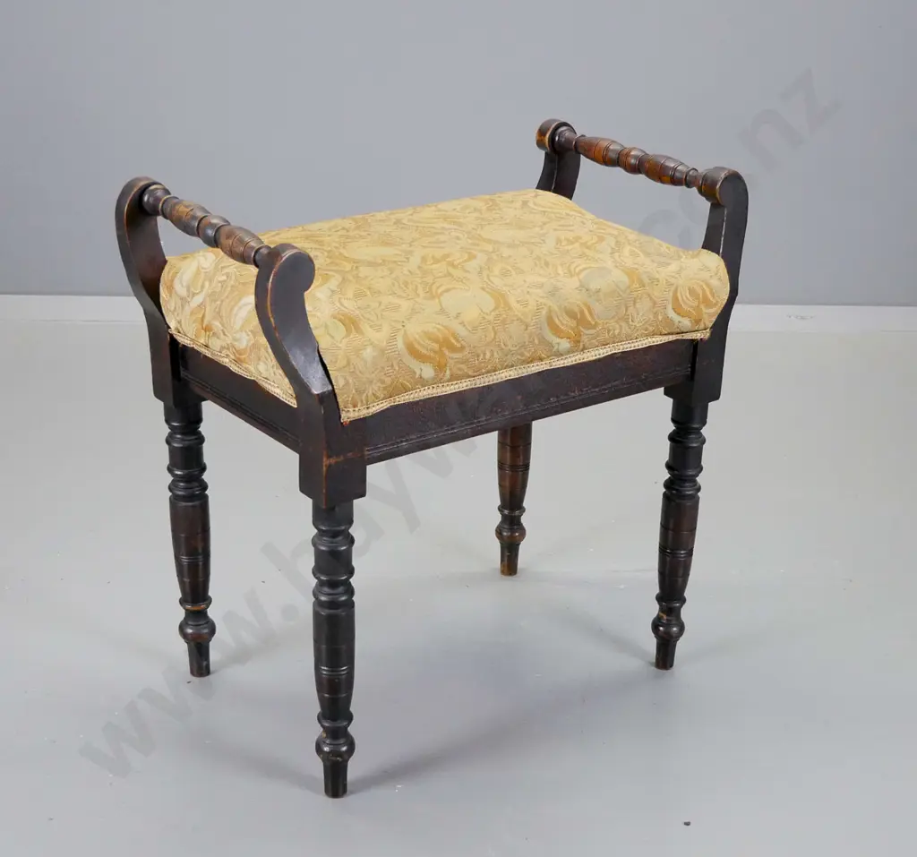 Edwardian dark-stained timber piano stool with handles, gold patterned brocade H610 W610 D370 Image 1++