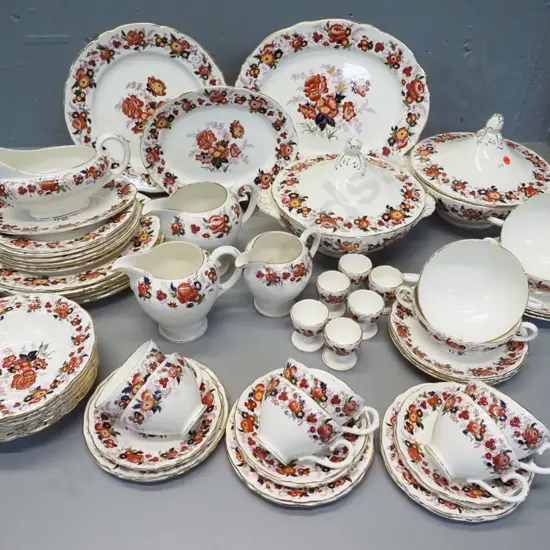 Royal Cauldon "Majestic" pattern dinner set - 6 place, minus 2 soup coupes, includes 2 lidded veg, 3 platters, egg cups