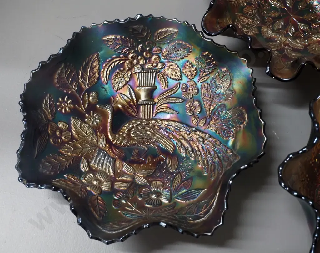3 blue colour carnival glass bowls including one peacock pattern D-230 Image 1++