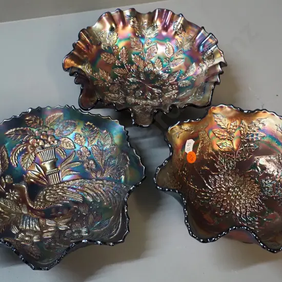 3 blue colour carnival glass bowls including one peacock pattern D-230