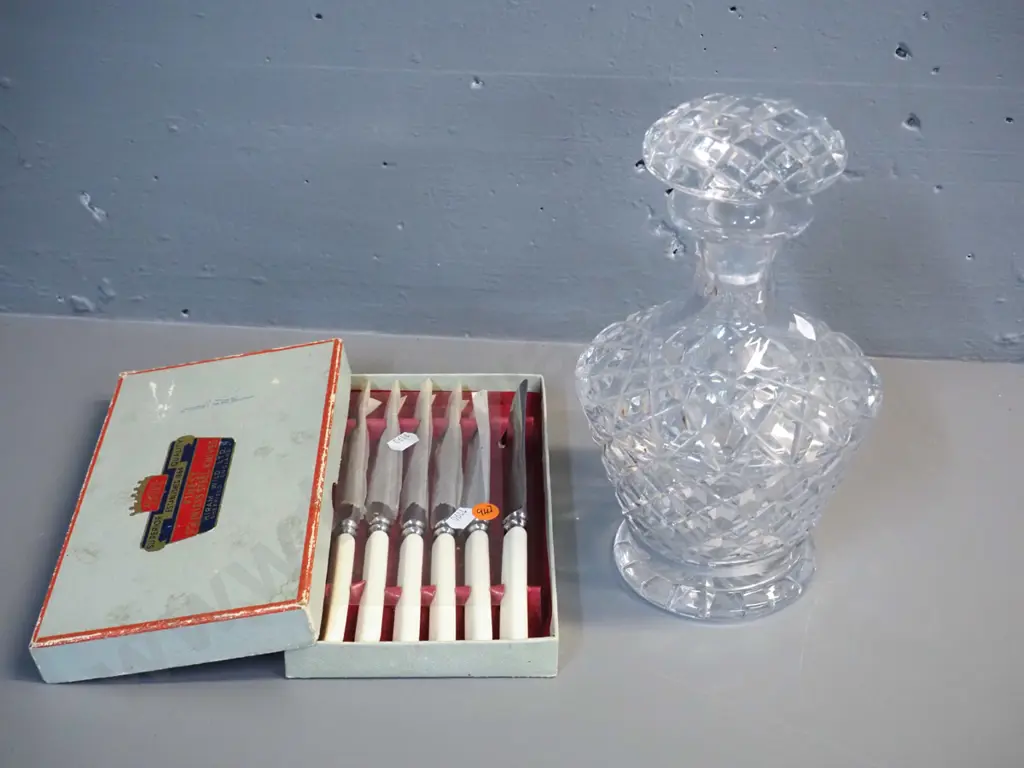 heavy crystal stoppered decanter H-260 and a box of 6 small faux ivory/bone handled knives Image 1++