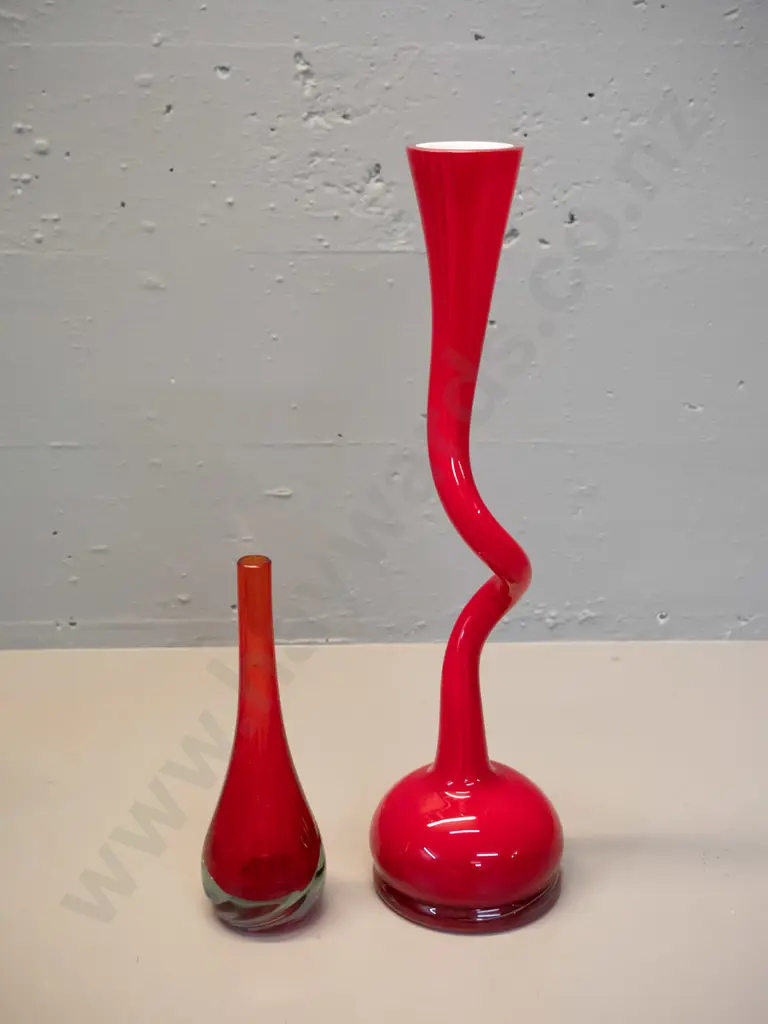 2 red art glass vases - tall twisted design with clear base, white lining H-400 other is clear base bud vase Image 1++