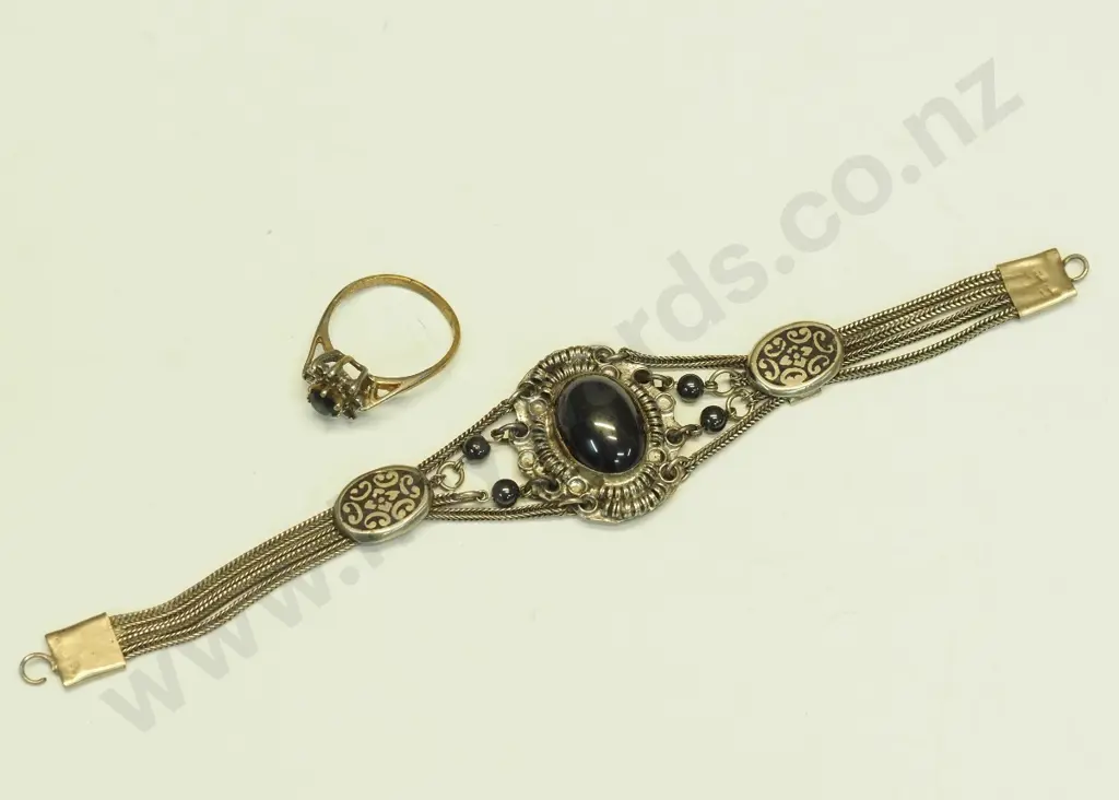 silver bracelet with herringbone chain, costume ring Image 1++