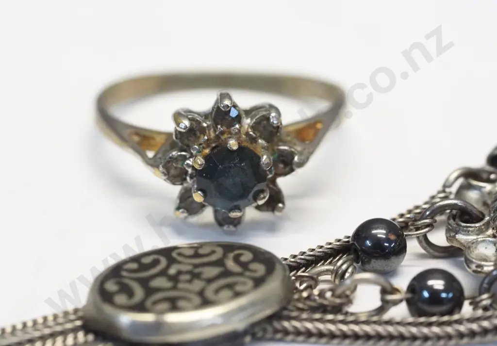 silver bracelet with herringbone chain, costume ring Image 1++