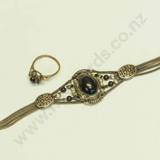 silver bracelet with herringbone chain, costume ring