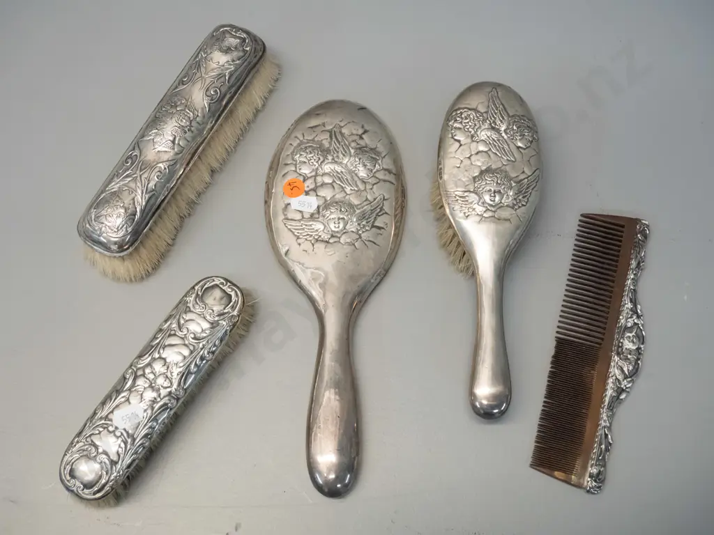 vintage sterling silver dressing table set with winged angels motif - handled hair brush, mirror L270, comb, 2 clothes Image 1++