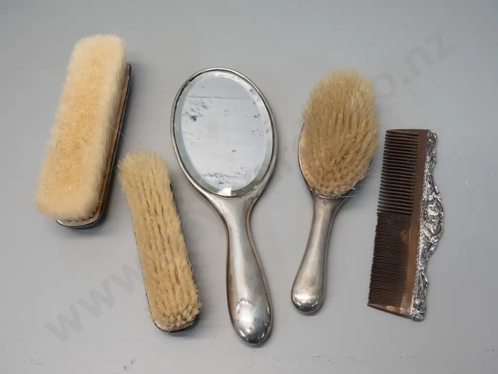 vintage sterling silver dressing table set with winged angels motif - handled hair brush, mirror L270, comb, 2 clothes Image 1++